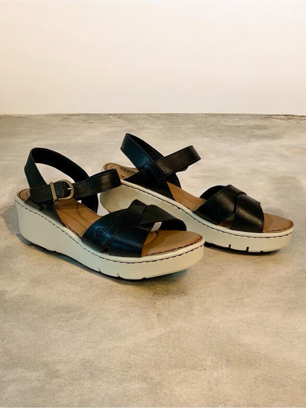 Born Black Leather Wedge Sandals with Cream Platform